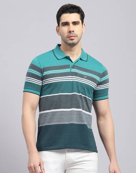MONTE CARLO Striped Men Polo Neck Blue T-Shirt