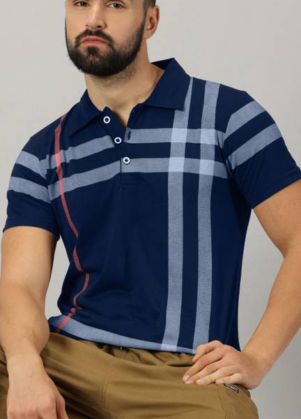 AUSK Checkered Men Polo Neck Navy Blue T-Shirt