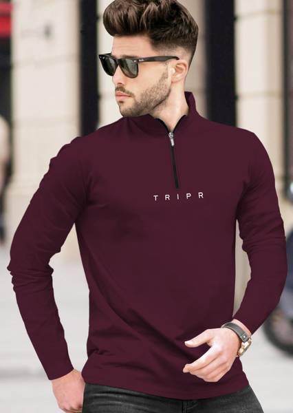 TRIPR Solid Men Henley Neck Maroon T-Shirt