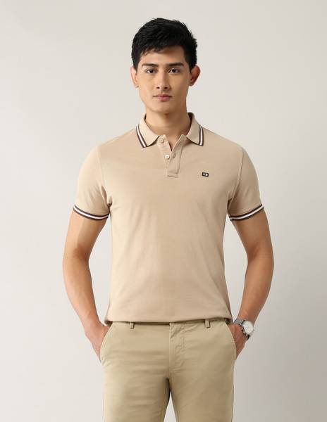 Arrow Sport Solid Men Polo Neck Beige T-Shirt