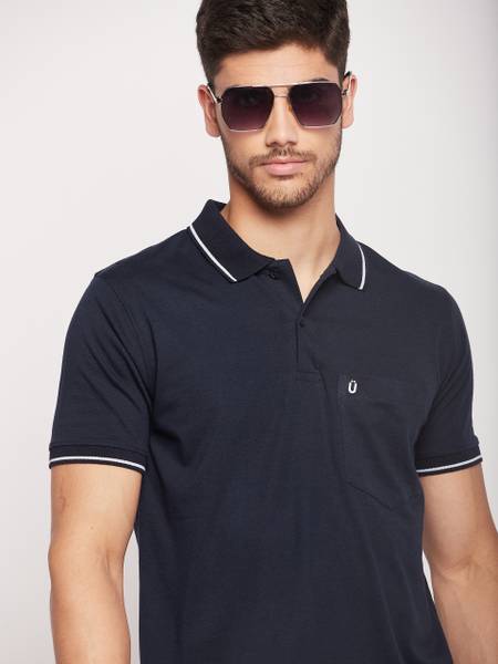 UNIBERRY Solid Men Polo Neck Navy Blue T-Shirt