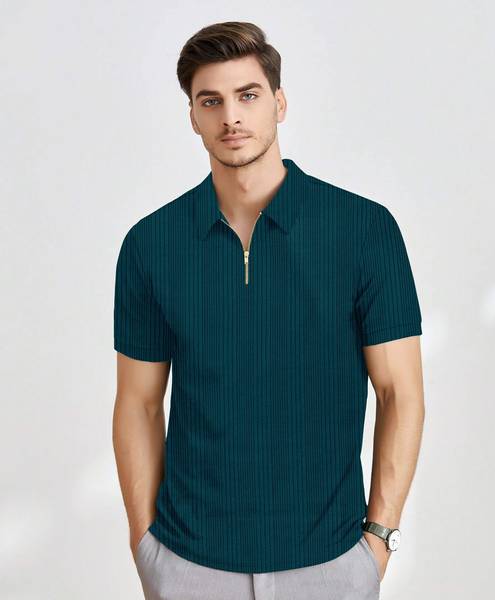 KAJARU Self Design Men Polo Neck Dark Green T-Shirt