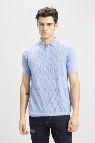 Snitch Self Design Men Zip Neck Blue T-Shirt