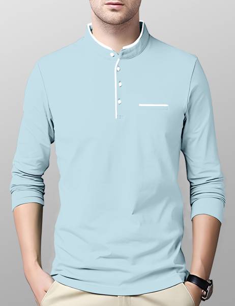 AUSK Solid Men Mandarin Collar Light Blue T-Shirt