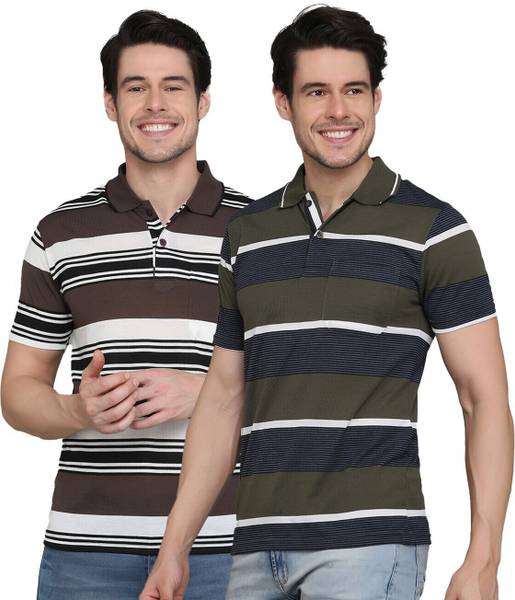 INKKR Striped Men Polo Neck Multicolor T-Shirt