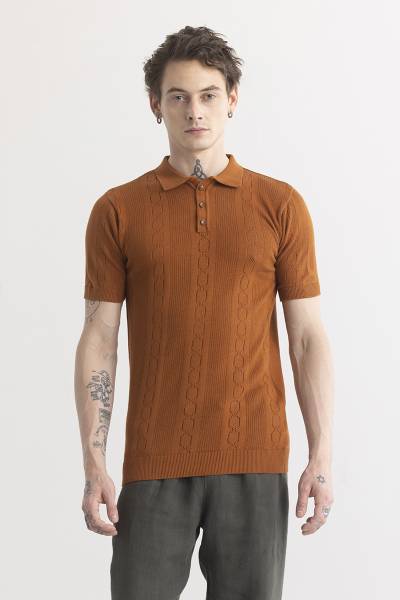 Snitch Self Design Men Polo Neck Brown T-Shirt