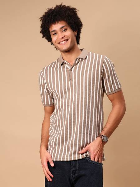 V-MART Striped Men Polo Neck Beige T-Shirt