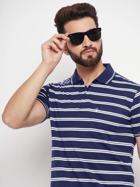 UNNIBERRY Striped Men Polo Neck Dark Blue T-Shirt