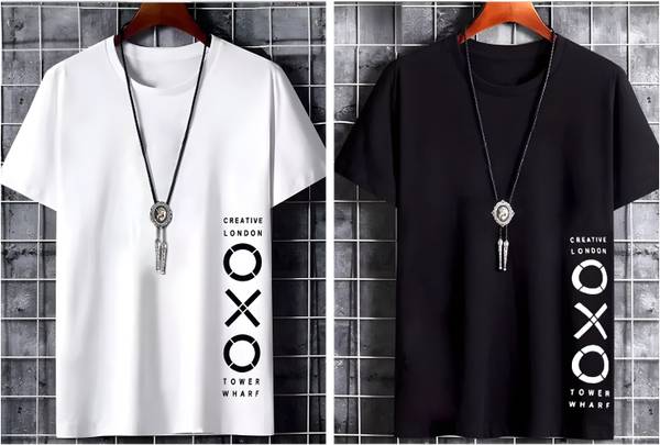 Meetri Printed Men Round Neck White, Black T-Shirt