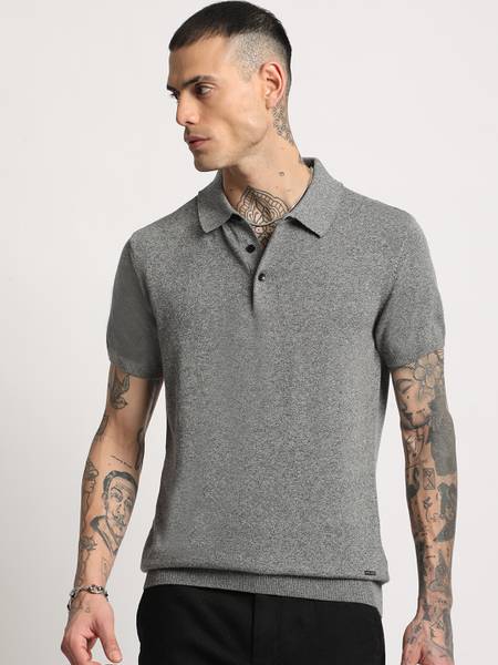 THE BEAR HOUSE Solid Men Polo Neck Grey T-Shirt