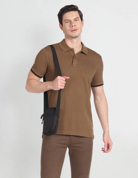 Arrow Sport Self Design Men Polo Neck Brown T-Shirt