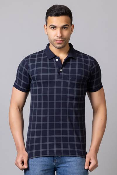 PRORIDERS Checkered Men Polo Neck Dark Blue T-Shirt