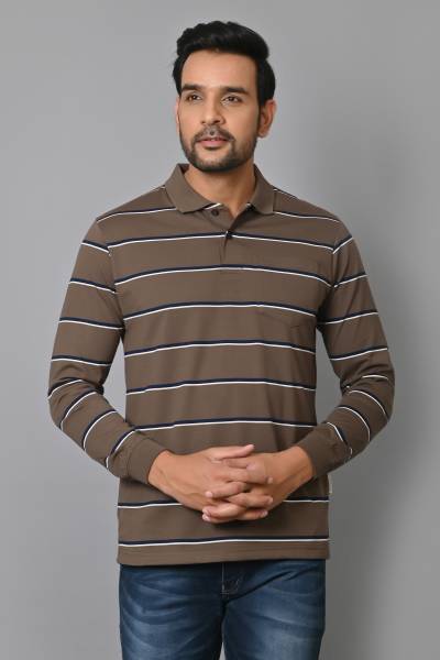 Arbour Striped Men Polo Neck Brown T-Shirt