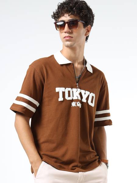 Q-CUT Printed Men Polo Neck Brown T-Shirt