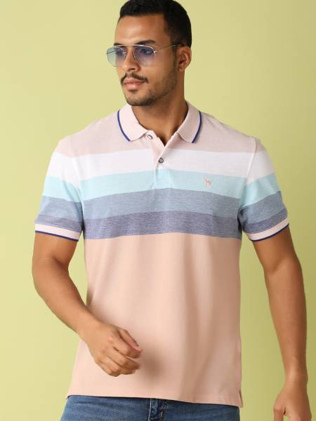 UNLIMITED Striped Men Polo Neck Pink T-Shirt