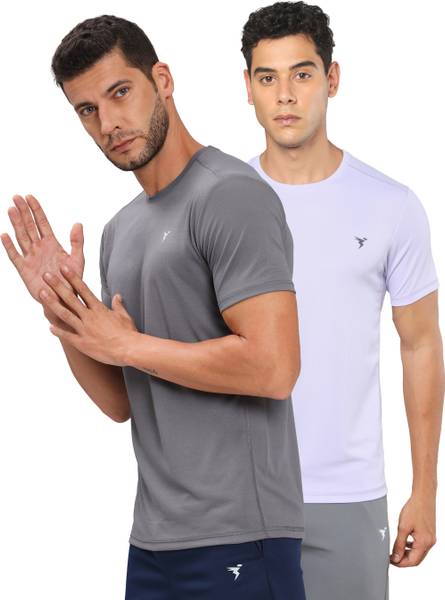TECHNOSPORT Solid Men Round Neck Purple, Grey T-Shirt