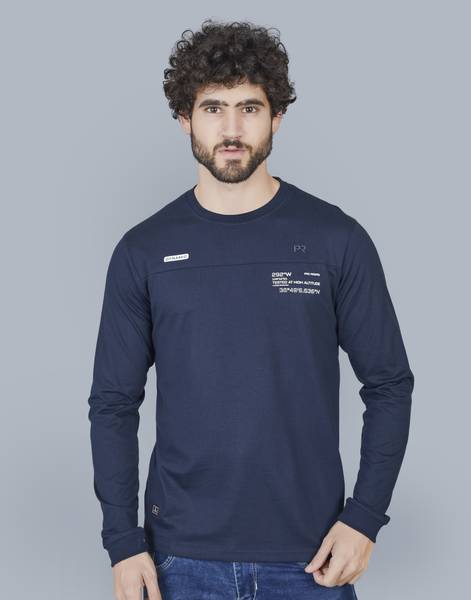 PRORIDERS Printed Men Round Neck Navy Blue T-Shirt