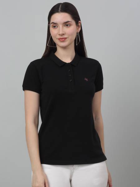 CANTABIL Solid Women Polo Neck Black T-Shirt