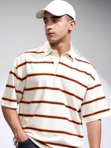 HIGHLANDER Striped Men Polo Neck White T-Shirt