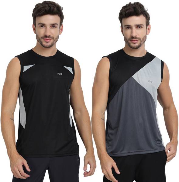FTX Solid Men Round Neck Black, Grey T-Shirt