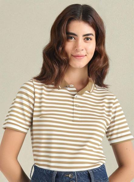 MACK JONNEY Striped Women Polo Neck Beige, White T-Shirt