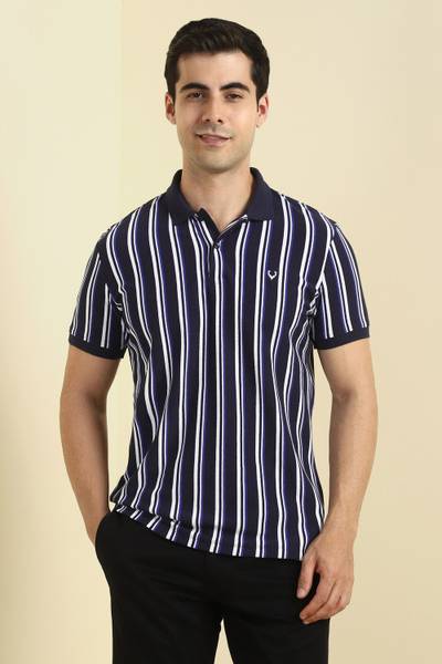 Allen Solly Striped Men Polo Neck Dark Blue T-Shirt