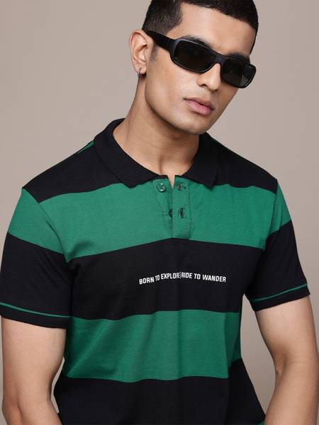 Roadster Striped Men Polo Neck Green, Black T-Shirt