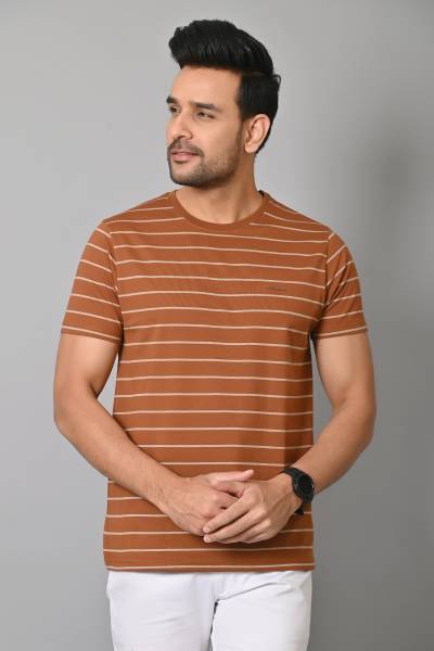 Arbour Striped Men Round Neck Brown T-Shirt