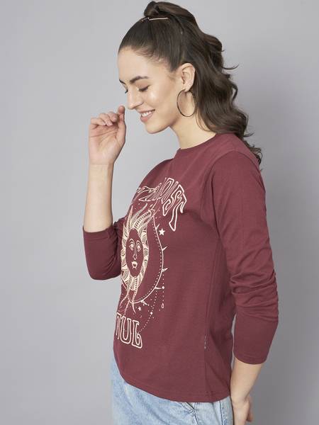 THE DRY STATE Printed Women Round Neck Maroon T-Shirt