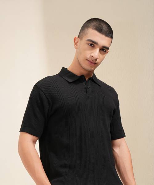 HIGHLANDER Self Design Men Polo Neck Black T-Shirt