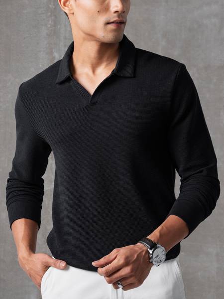 Damensch Self Design Men Polo Neck Black T-Shirt