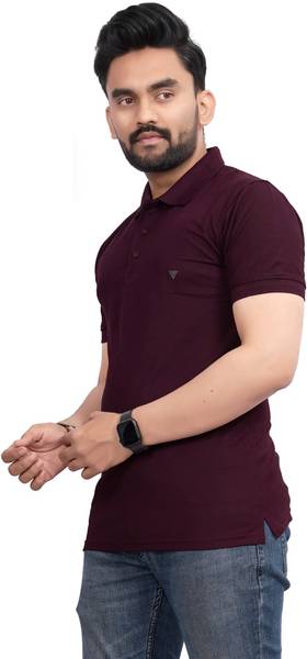 More & More Solid Men Polo Neck Maroon T-Shirt