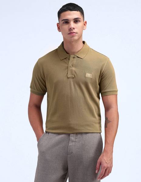 FLYING MACHINE Solid Men Polo Neck Beige T-Shirt