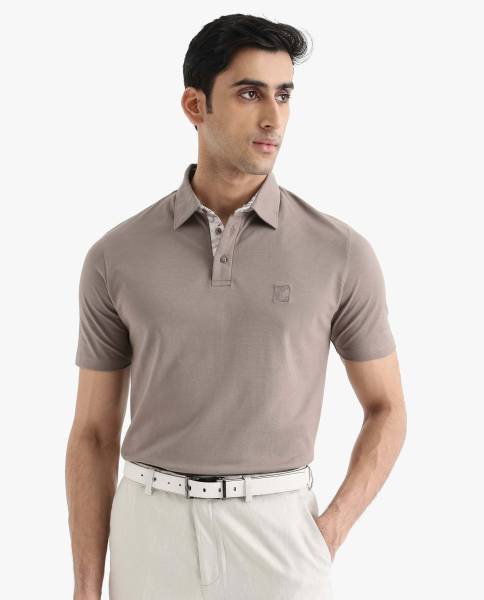 RARE RABBIT Solid Men Polo Neck Beige T-Shirt