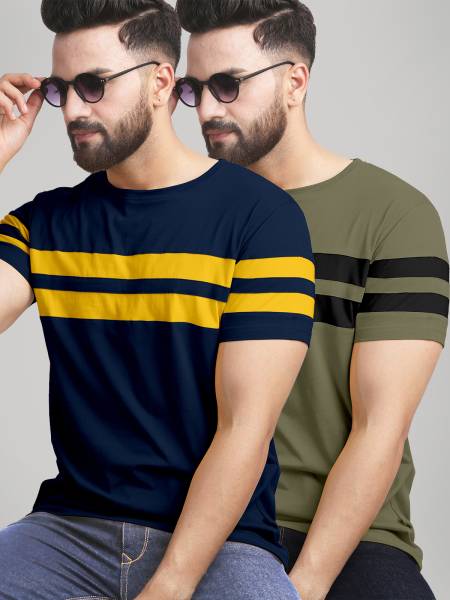 AUSK Striped Men Round Neck Blue, Dark Green T-Shirt