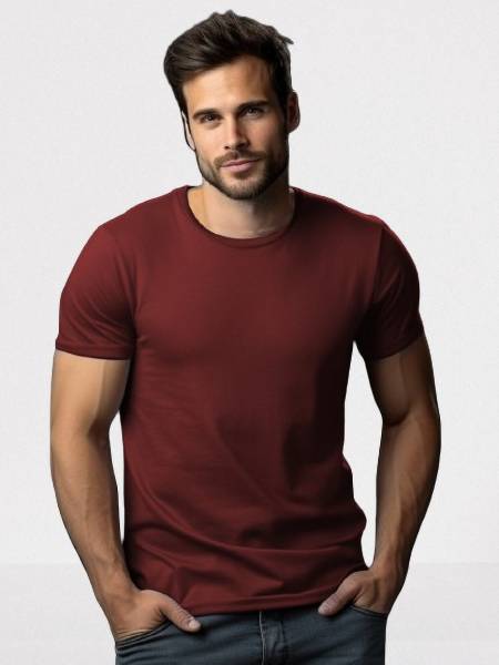 Checks & Squires Solid Men Round Neck Maroon T-Shirt