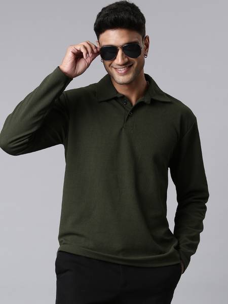 LEWEL Solid Men Polo Neck Green T-Shirt