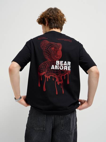 THE BEAR HOUSE Self Design Men Round Neck Black T-Shirt