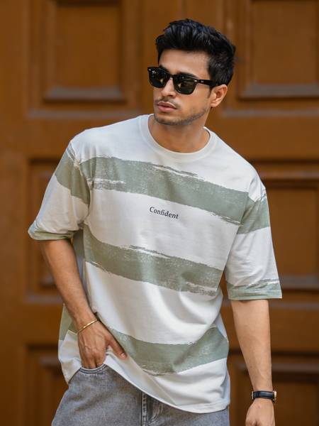 MANIAC Striped Men Round Neck Green T-Shirt