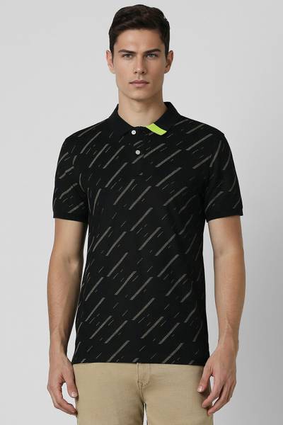 PETER ENGLAND Striped Men Polo Neck Black T-Shirt