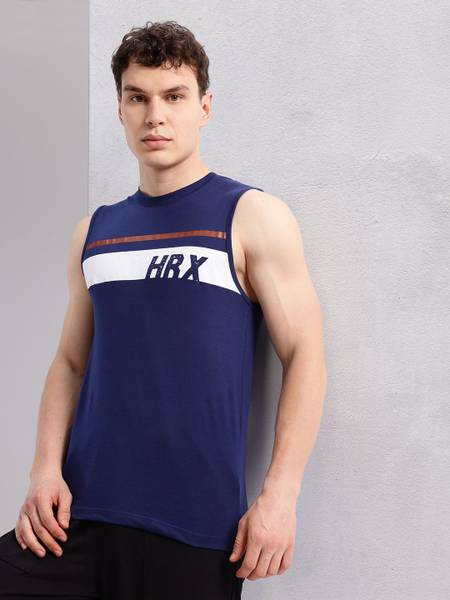HRX by Hrithik Roshan Striped Men Round Neck Blue T-Shirt