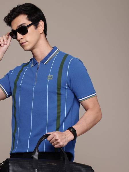 French Connection Striped Men Polo Neck Blue T-Shirt