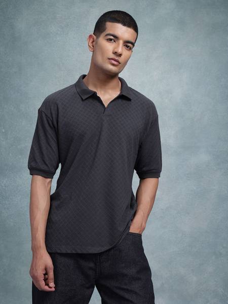 Roadster Self Design Men Polo Neck Black T-Shirt
