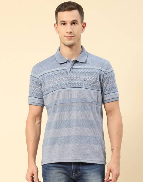 MONTE CARLO Striped, Printed Men Polo Neck Blue T-Shirt
