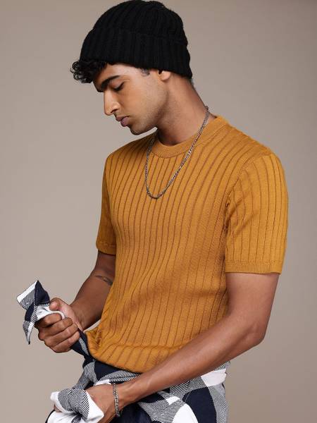Roadster Self Design Men Round Neck Yellow T-Shirt