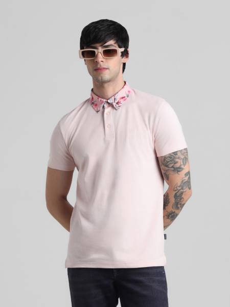 JACK & JONES Solid Men Polo Neck Pink T-Shirt