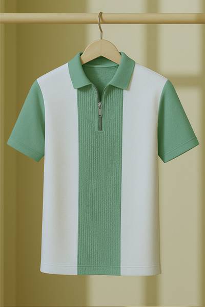 Try This Self Design Men Polo Neck White, Light Green T-Shirt