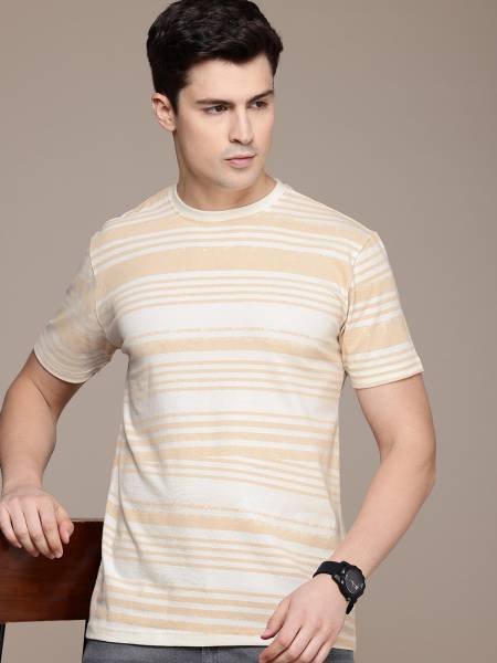 French Connection Striped Men Round Neck Beige T-Shirt