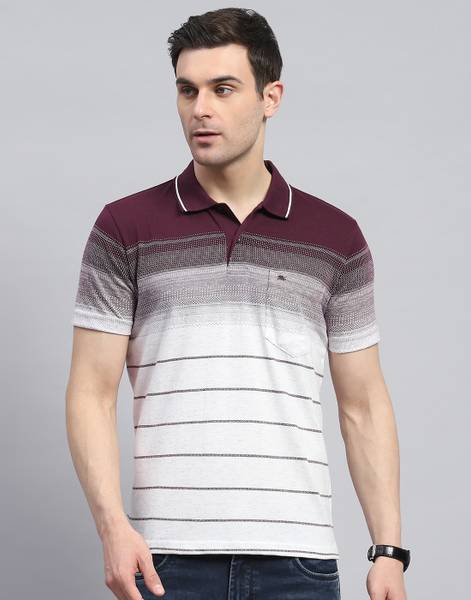 MONTE CARLO Striped Men Polo Neck Maroon T-Shirt