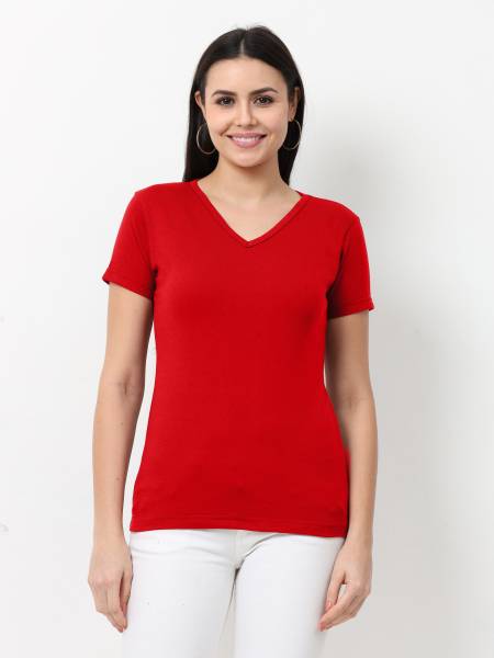 Wafaa Solid Women V Neck Red T-Shirt